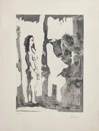 Aquatint Picasso - Peintre et modèle aux cheveux longs