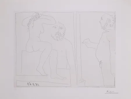 Gravure Picasso - Peintre et modele de dos, avec un spectateur