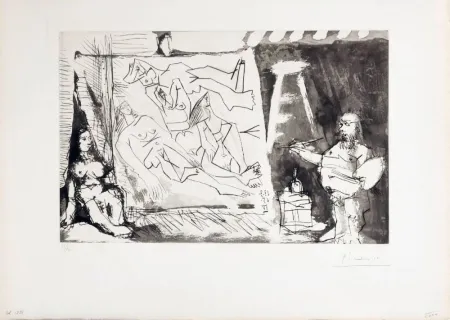Ets En Aquatint Picasso - Peintre et sa toile avec modèle assis