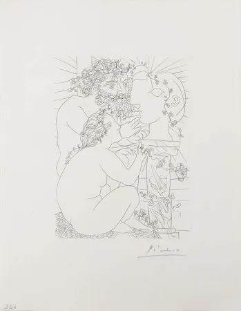 Gravure Picasso - Sculpteur Avec Son Modele, Sa Sculpture Et Un Bol D'Anemones (Sculptor with His Model, His Sculpture, and a Bowl of Anemones) from the Vollard Suite