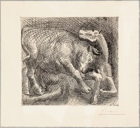 Ets Picasso - TAUREAU ATTAQUANT UN CHEVAL. Eau-forte originale signée en rouge (1921)