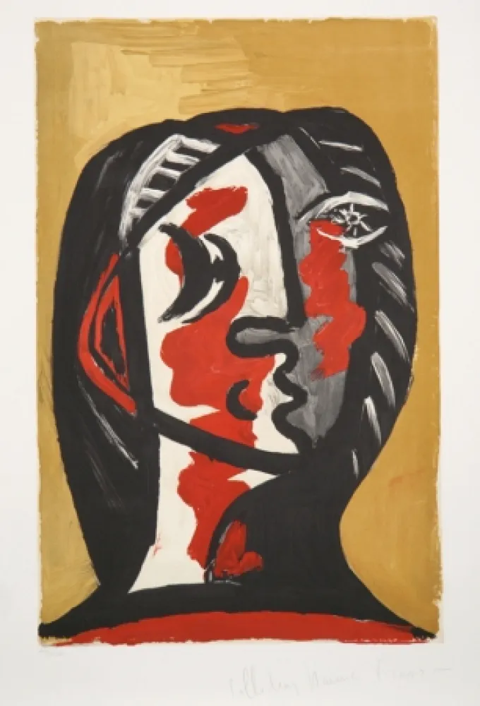 Lithografie Picasso - Tete de Femme en Gris et Rouge sur Fond Ochre
