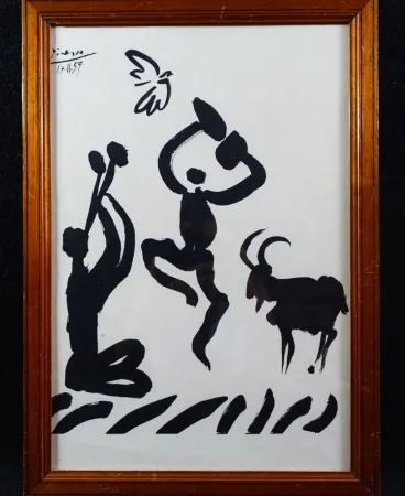 Lithografie Picasso - The flute player with fauns, Lithograph on Arches paper