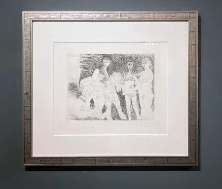 Gravure Picasso - Vieil homme pensant à sa jeunesse: garcon sur un cheval de cirque et femmes, Plate 15 from: La Série 347 (Old man thinking of his youth: boy on a circus horse and women, Plate 15 from: Series 347)