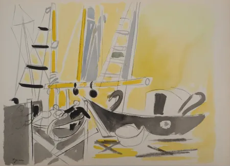 Lithografie Pignon - Belgique, bateaux à Ostende