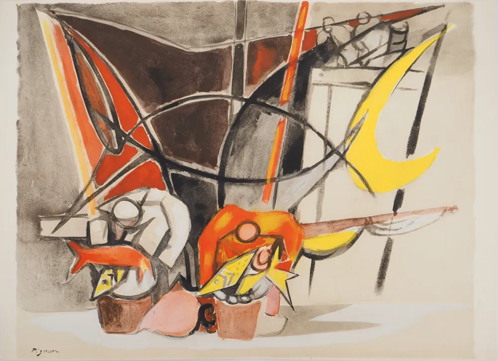 Lithografie Pignon - Belgique, le marché aux poissons d'Ostende (La minque d'Ostende)