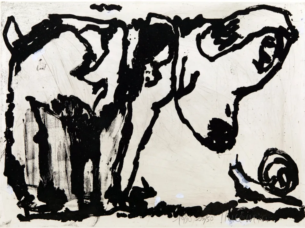 Aquatint Pincemin - Le chien et l’escargot. Épreuve rehaussée à la gouache (1990)