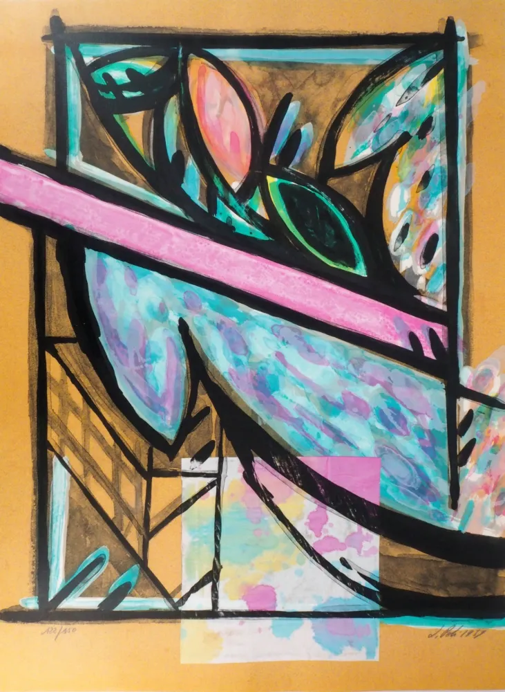 Lithografie Poli - Perruches à la fenêtre