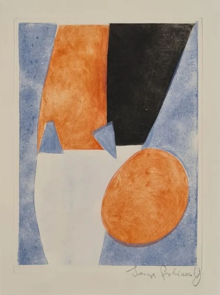 Ets En Aquatint Poliakoff - Composition bleue, grise et rouge 