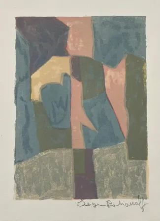 Lithografie Poliakoff - Composition bleue, rose et grise L30 
