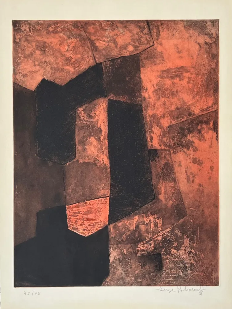 Ets En Aquatint Poliakoff - Composition Brune et Rouge XV 