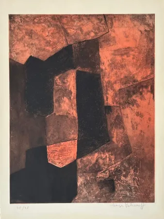 Ets En Aquatint Poliakoff - Composition Brune et Rouge XV 