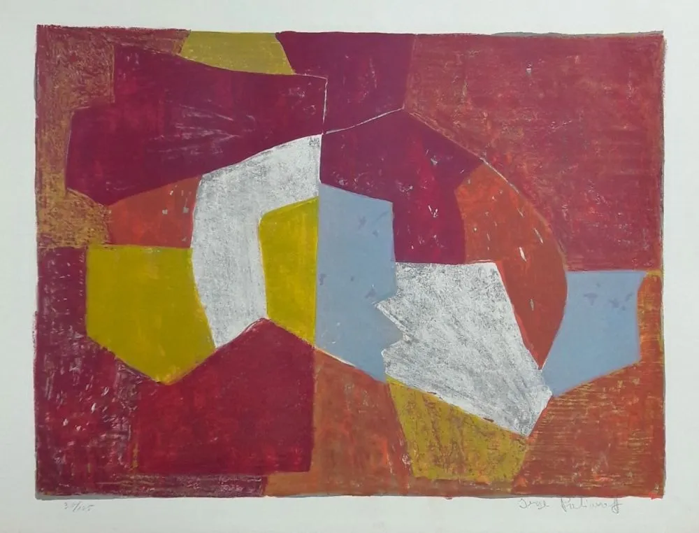 Lithografie Poliakoff - Composition Carmin, Brune, Jaune et Grise