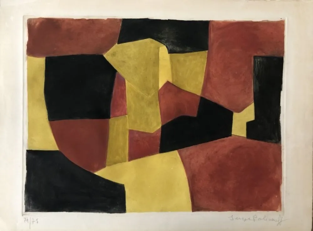 Ets En Aquatint Poliakoff - Composition Noire, Jaune et Brune X