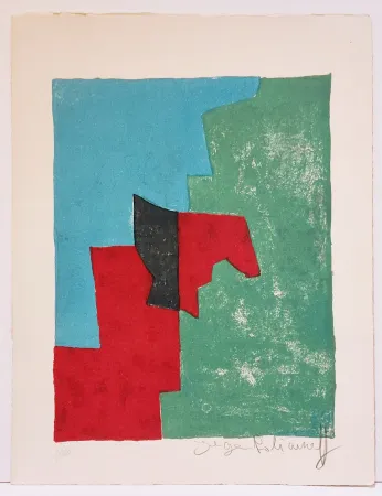 Lithografie Poliakoff - Composition rouge, verte et bleue L32 
