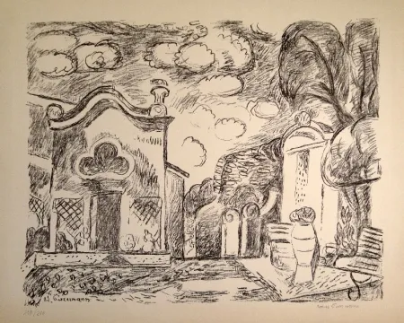 Lithografie Purrmann - Kapelle und Brunnen in Levanto