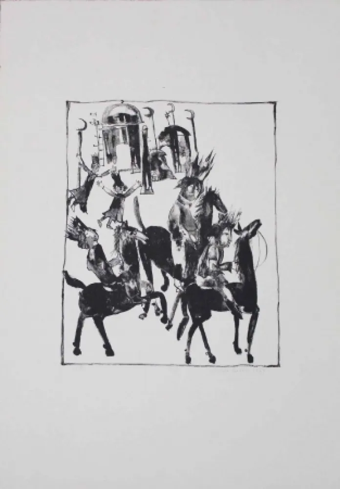 Lithografie Pyroth - Adschîb, Gharîb und Kâsim machen sich auf den Weg