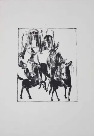 Lithografie Pyroth - Adschîb, Gharîb und Kâsim machen sich auf den Weg