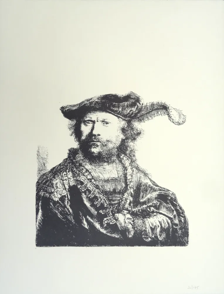 Lithografie Rembrandt - Autoportrait au béret et à la plume