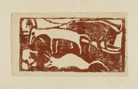 Houtsnede Rohlfs - Tiere auf der Weide (Animals in the pasture)
