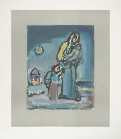 Lithografie Rouault - L'Hiver, Famille marchant dans la neige, c