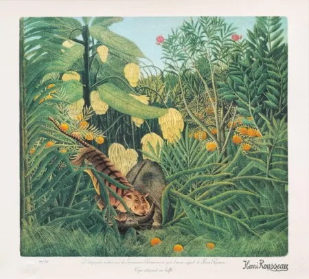 Lithografie Rousseau - Tigre atacando a un búfalo
