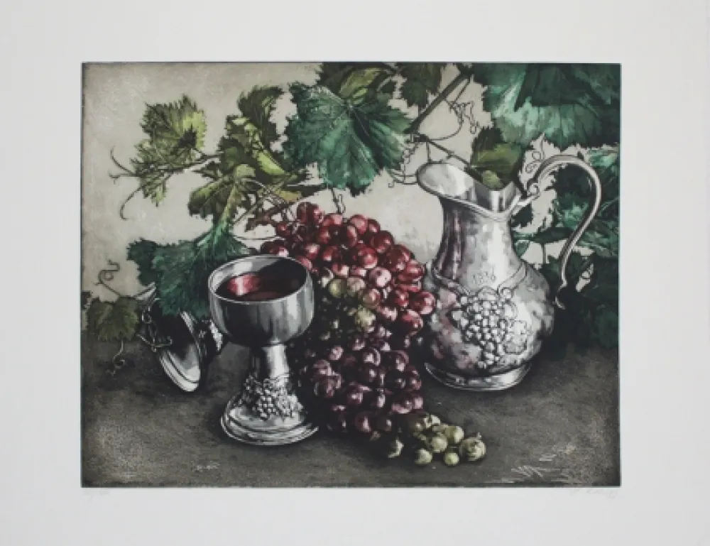 Ets En Aquatint Rusch - Stilleben mit Wein / Still Life with Wine