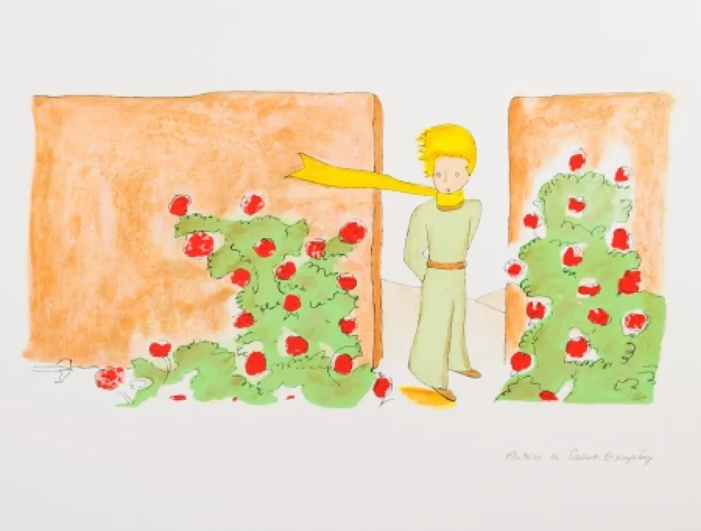 Lithografie Saint-Exupéry - Le Petit Prince dans le jardin des roses