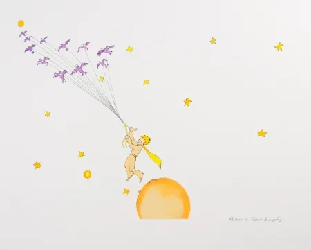 Lithografie Saint-Exupéry - Le Petit Prince en route vers une autre planète