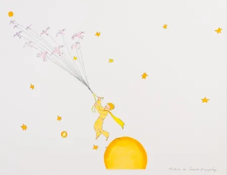 Lithografie Saint-Exupéry - Le Petit Prince en route vers une autre planète
