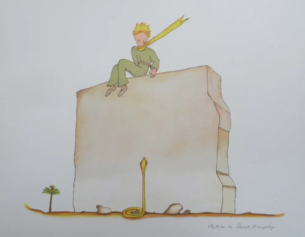 Lithografie Saint-Exupéry - Le petit prince et le serpent au pied du mur