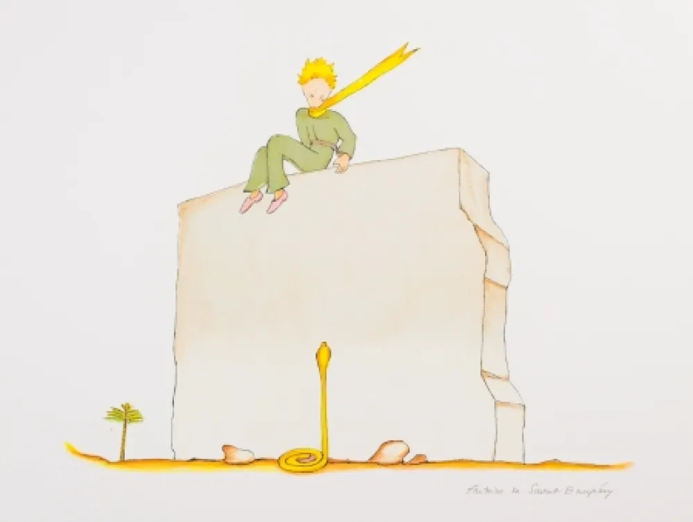Lithografie Saint-Exupéry - Le Petit Prince et le serpent au pied du mur