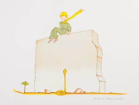 Lithografie Saint-Exupéry - Le Petit Prince et le serpent au pied du mur