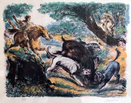 Lithografie Sassu - Caccia al cinghiale