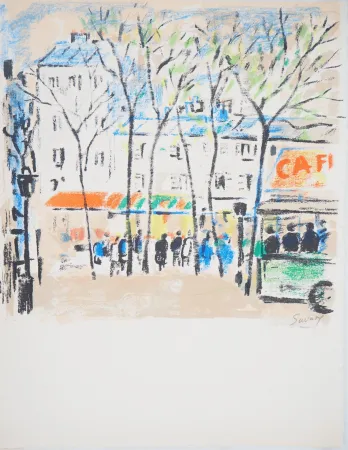 Lithografie Savary - Paris, Le marché vers Bastille