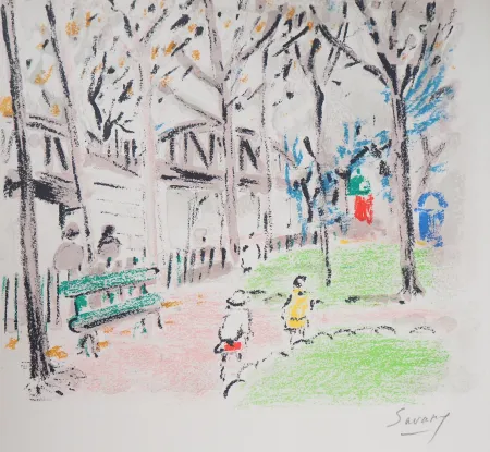 Lithografie Savary - Paris, Parc près du métro aérien