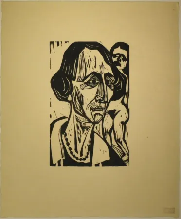 Houtsnede Scherer - Frauenkopf mit Akt