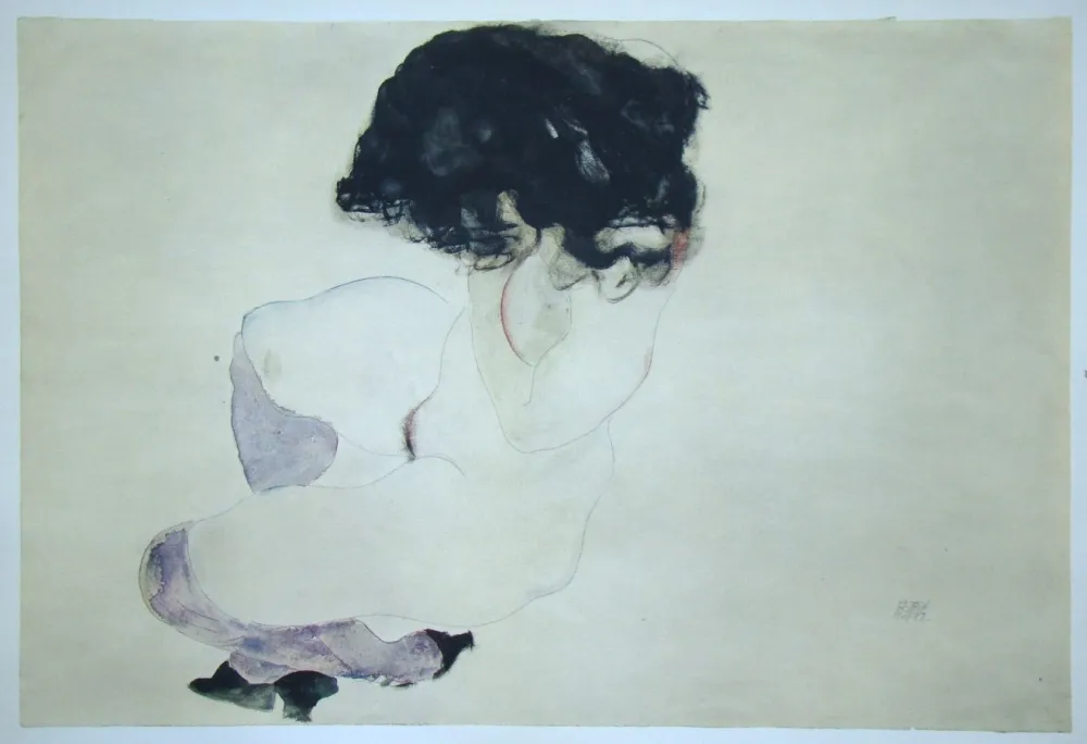 Zeefdruk Schiele (After) - Weiblicher Akt mit violetten Strümpfen