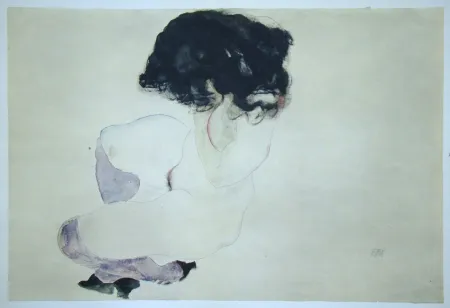 Zeefdruk Schiele (After) - Weiblicher Akt mit violetten Strümpfen