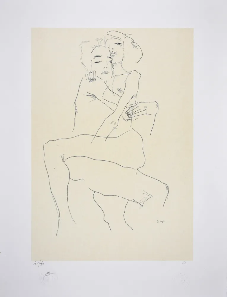 Lithografie Schiele - Couple enlacé / couple embracing - 1911
