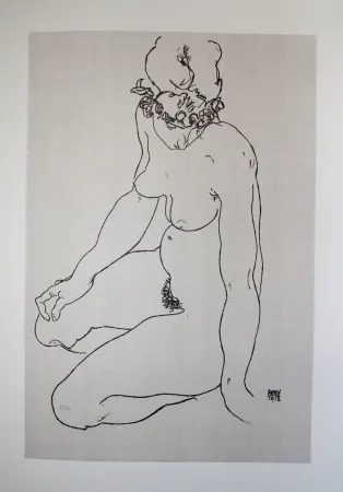 Lithografie Schiele - LA  FILLE A GENOUX / THE GIRL ON THE KNEES (Edith Harms) - Lithographie / Lithograph - 1913
