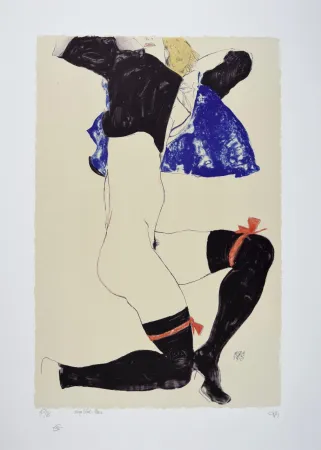 Lithografie Schiele - La fille aux bas noirs et jarretières rouges, 1913 | The girl with black stockings and red garters, 1913