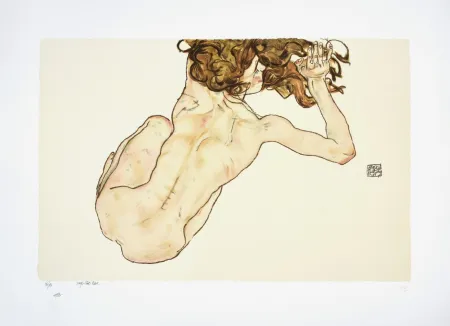 Lithografie Schiele - La fille aux cheveux roux, 1917 I Girl with red hair, 1917 (Kauernder Rückenakt / Crouching Nude, Back View)