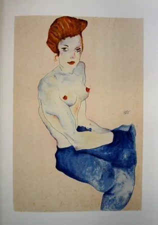 Lithografie Schiele - LA FILLE EN ROBE BLEUE / THE GIRL IN THE BLUE DRESS - Lithographie / Lithograph - 1911