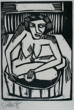 Houtsnede Schmidt-Rottluff - Frau in der Wanne (Woman in Bath)