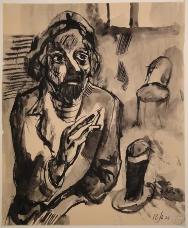 Geen Techniek Schürch - Männliches Porträt (Selbstporträt) mit Glas und Stuhl