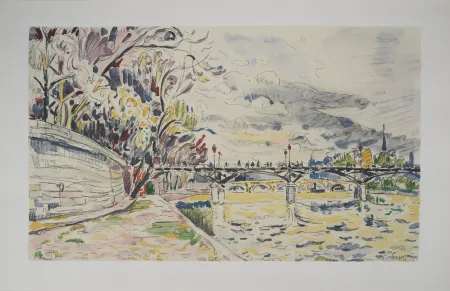 Lithografie Signac - Paris : La Passerelle des Arts vue des Quais de la Seine