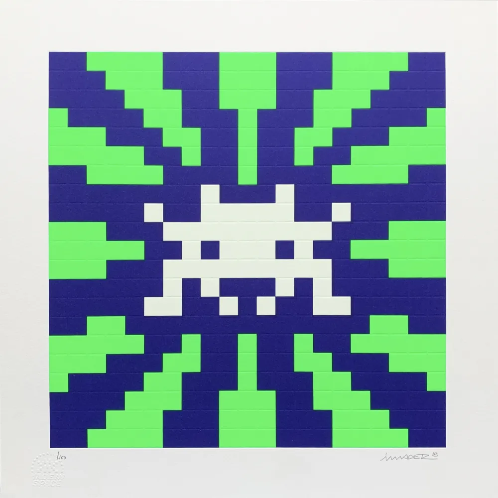 Zeefdruk Space Invader - Sunset (Blue & Green)