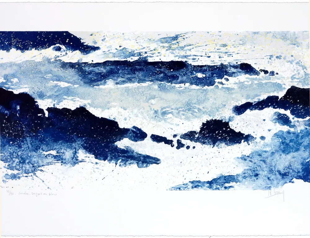 Lithografie Stholl - Contre-vagues en bleu