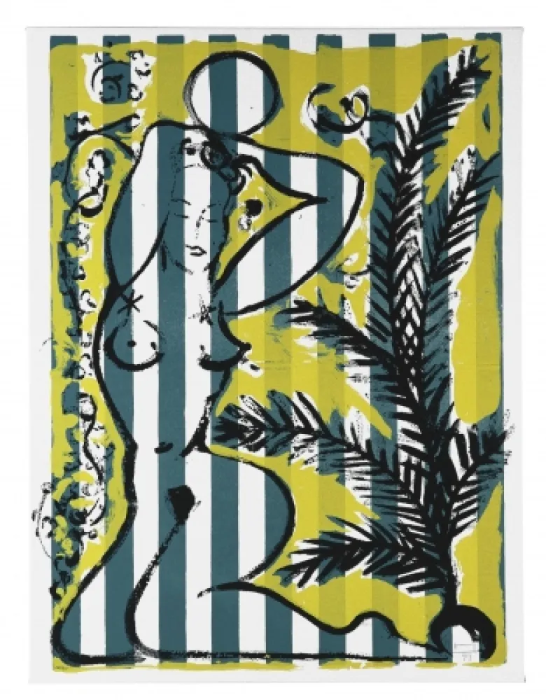 Zeefdruk Szczesny - Nude with Palms on Green Stripes